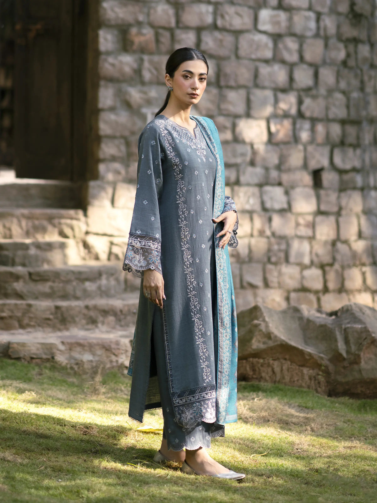 EDENROBE-30209-Unstitched Charcoal Grey Embroidered Marina Twill 3 Piece