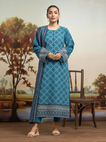 EDENROBE-30211-Unstitched Dark Turquoise Embroidered Marina Twill 3 Piece