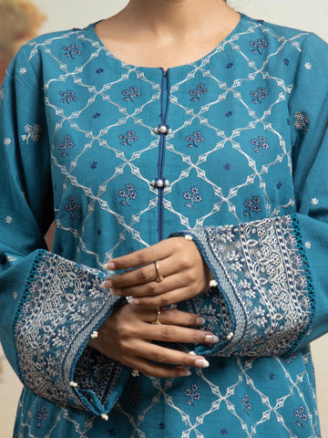 EDENROBE-30211-Unstitched Dark Turquoise Embroidered Marina Twill 3 Piece
