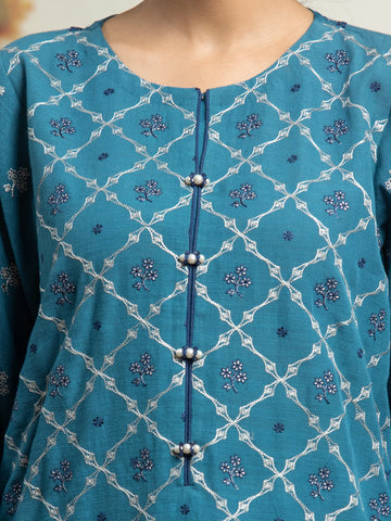 EDENROBE-30211-Unstitched Dark Turquoise Embroidered Marina Twill 3 Piece