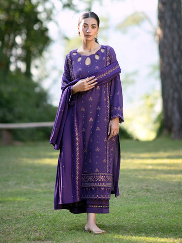EDENROBE-30351-Unstitched Dark Purple Embroidered Marina Twill 3 Piece