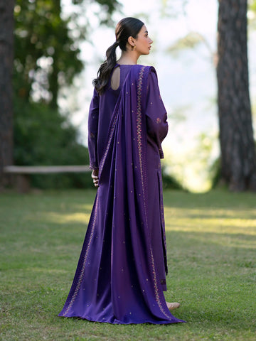 EDENROBE-30351-Unstitched Dark Purple Embroidered Marina Twill 3 Piece