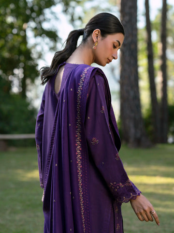 EDENROBE-30351-Unstitched Dark Purple Embroidered Marina Twill 3 Piece