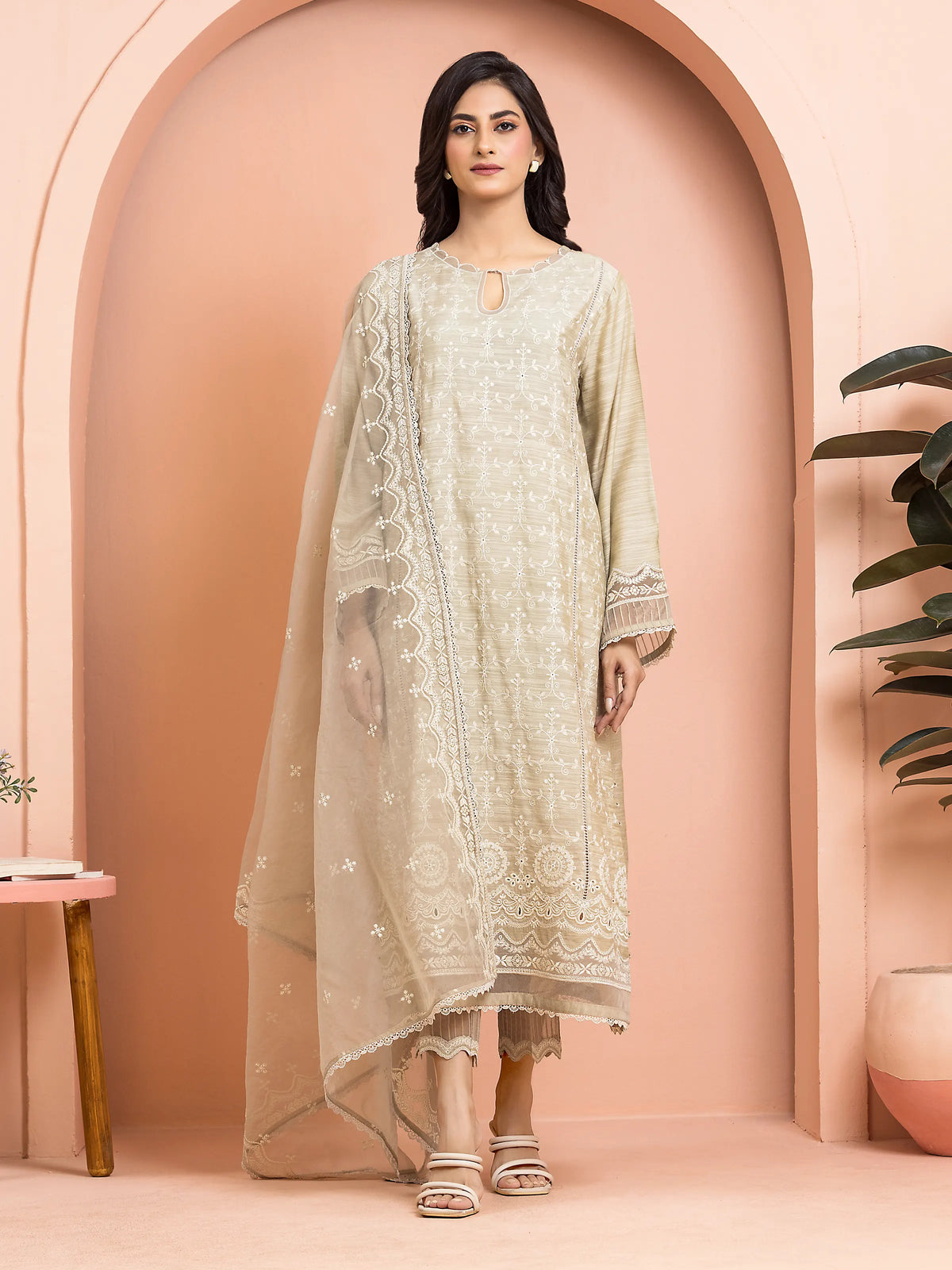 EDENROBE-30002-Unstitched Beige Embroidered Raw Silk 3 Piece