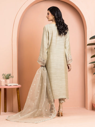 EDENROBE-30002-Unstitched Beige Embroidered Raw Silk 3 Piece