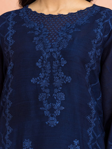 EDENROBE-30010-Unstitched Blue Embroidered Raw Silk 3 Piece