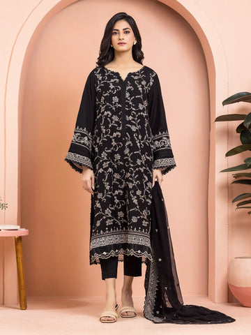 EDENROBE-30013-Unstitched Black Embroidered Raw Silk 3 Piece