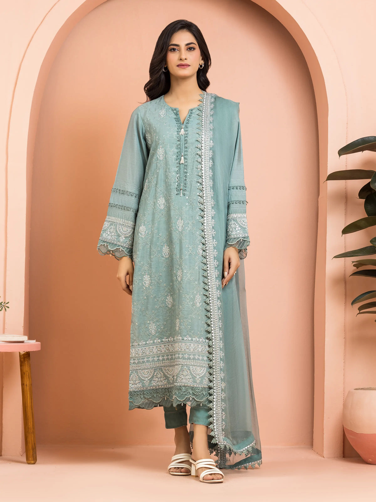 EDENROBE-30251-Unstitched Sea Green Embroidered Raw Silk 3 Piece