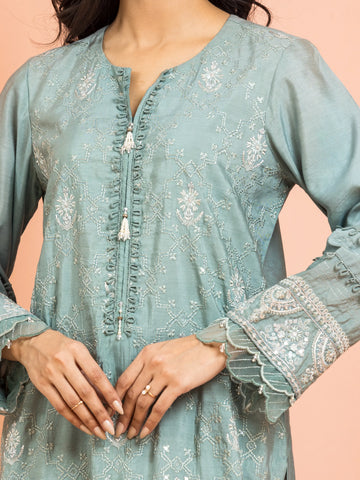 EDENROBE-30251-Unstitched Sea Green Embroidered Raw Silk 3 Piece