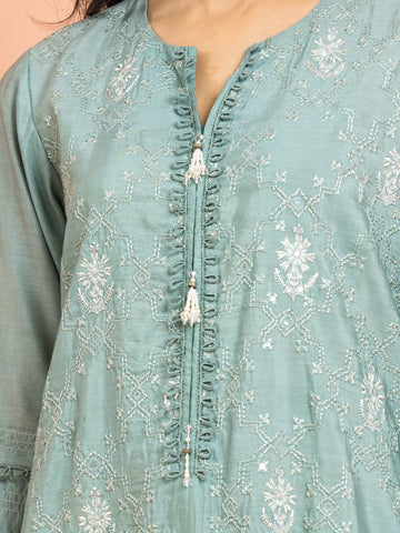 EDENROBE-30251-Unstitched Sea Green Embroidered Raw Silk 3 Piece