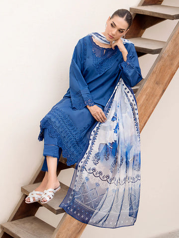 EDENROBE-Unstitched Blue Embroidered Cambric 3 Piece - EWU24V2-28616-3P