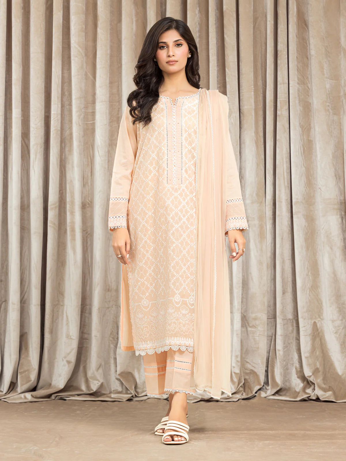 EDENROBE-28618-3P Unstitched Peach Embroidered Cambric 3 Piece