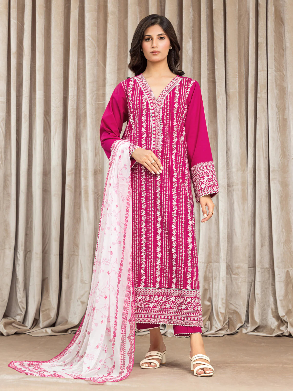 EDENROBE-28620-3P Unstitched Pink Embroidered Cambric 3 Piece