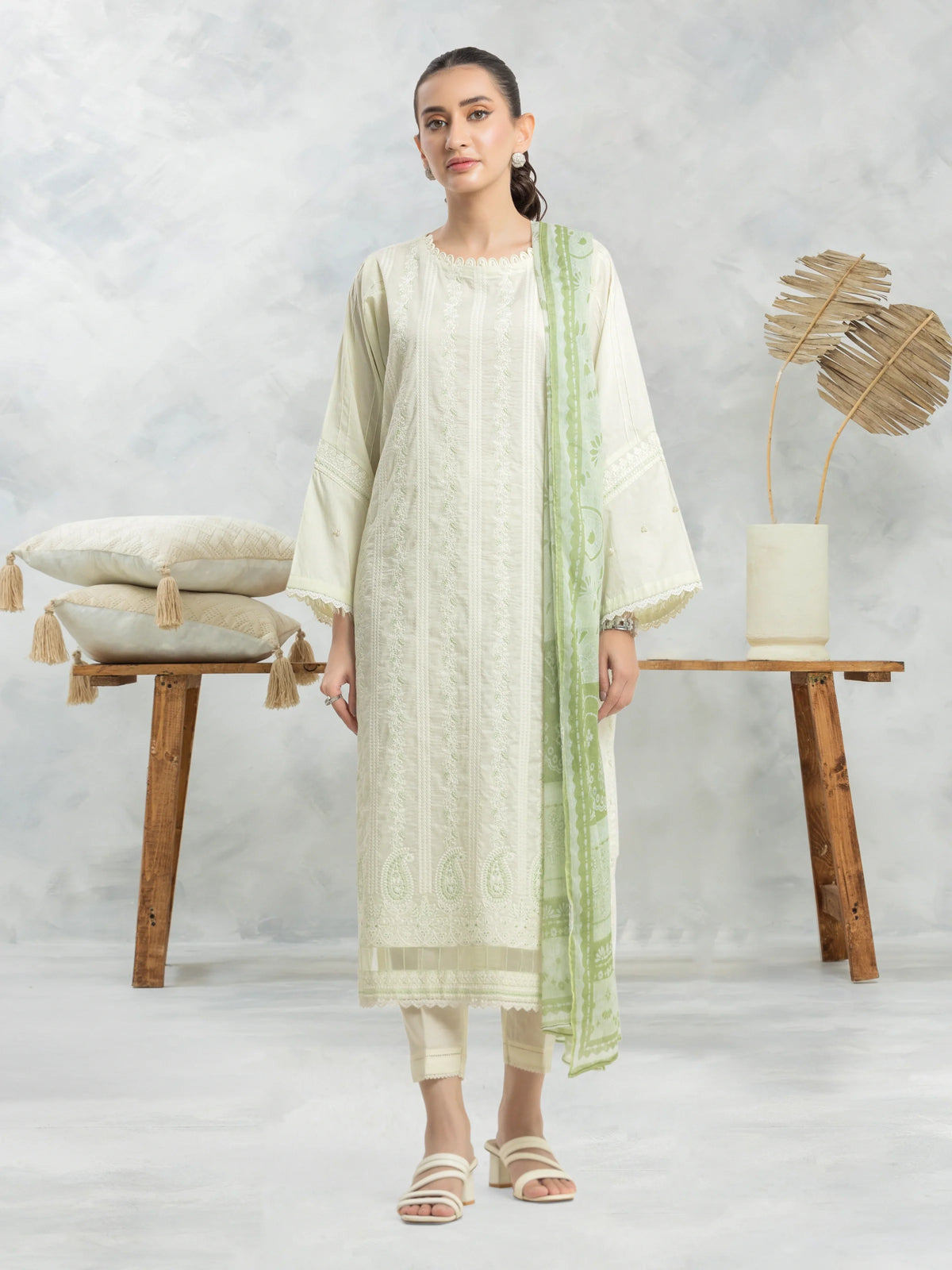 EDENROBE-28625-Unstitched Light Green Embroidered Cambric 3 Piece