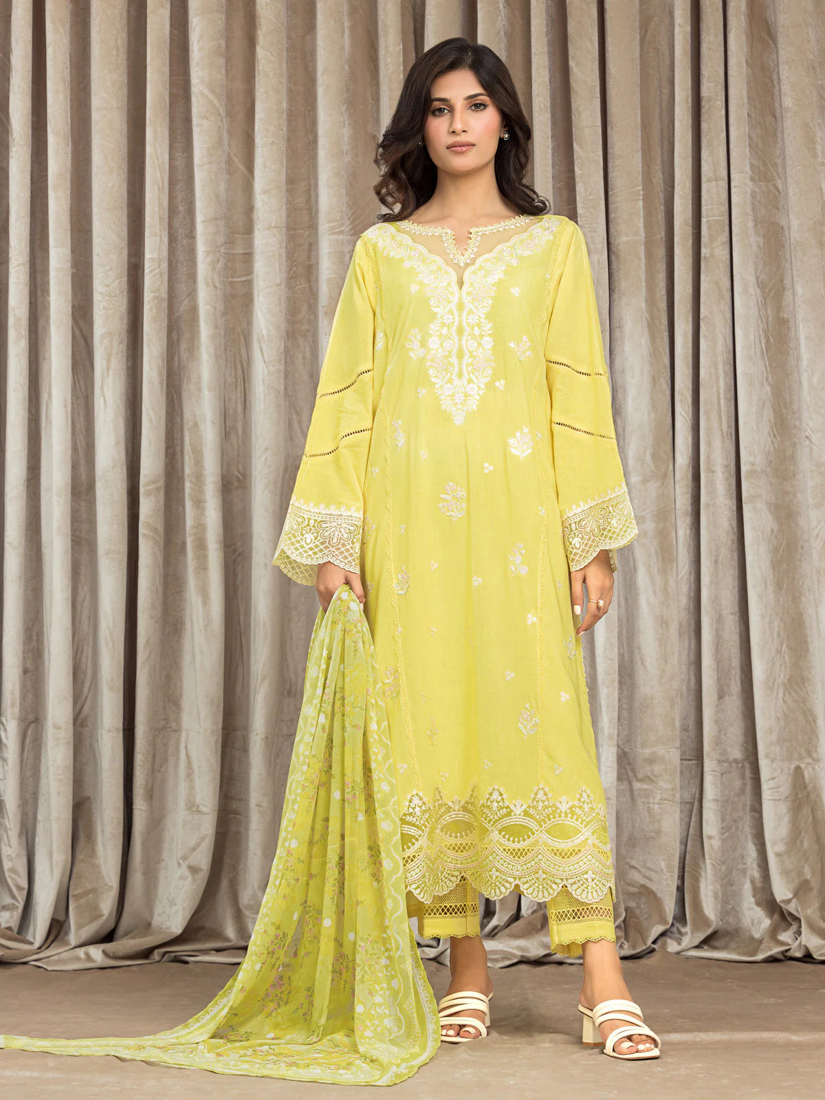 EDENROBE-30055-3P Unstitched Yellow Embroidered Cambric 3 Piece