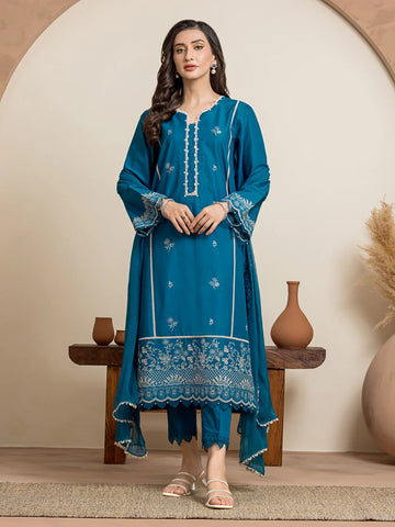 EDENROBE-30057-3P Unstitched Dark Ocean Embroidered Cambric 3 Piece