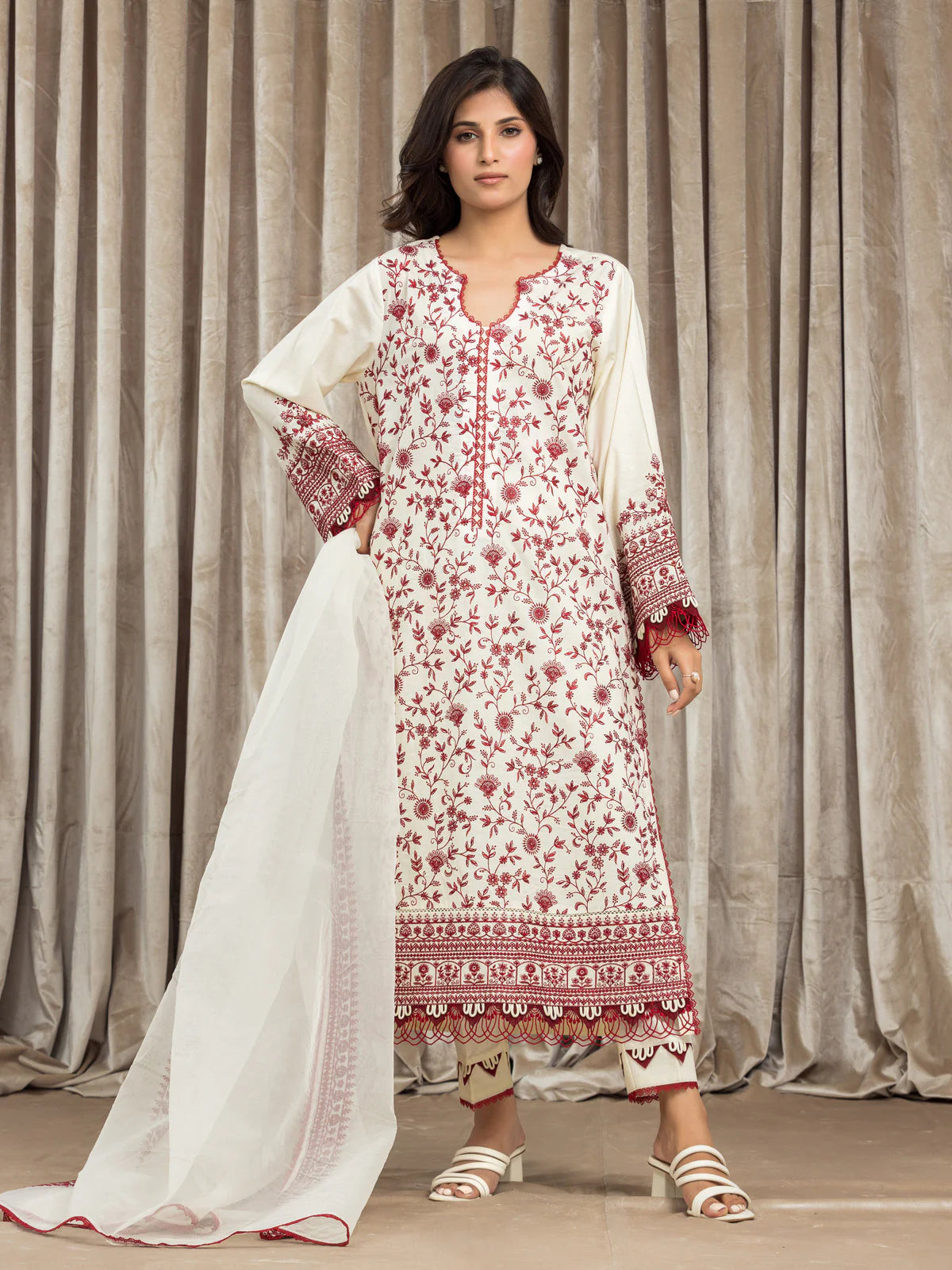 EDENROBE-30111-Unstitched Cream Embroidered Cambric 3 Piece
