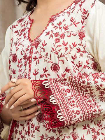 EDENROBE-30111-Unstitched Cream Embroidered Cambric 3 Piece