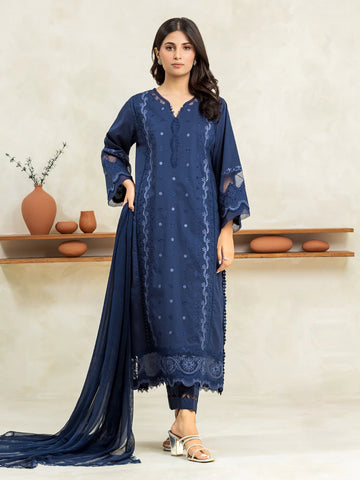 EDENROBE-30154-3P Unstitched Dark Navy Embroidered Cambric 3 Piece