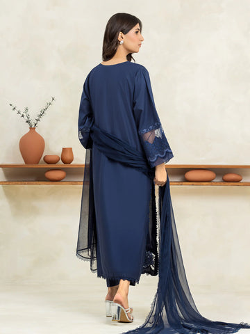 EDENROBE-30154-3P Unstitched Dark Navy Embroidered Cambric 3 Piece