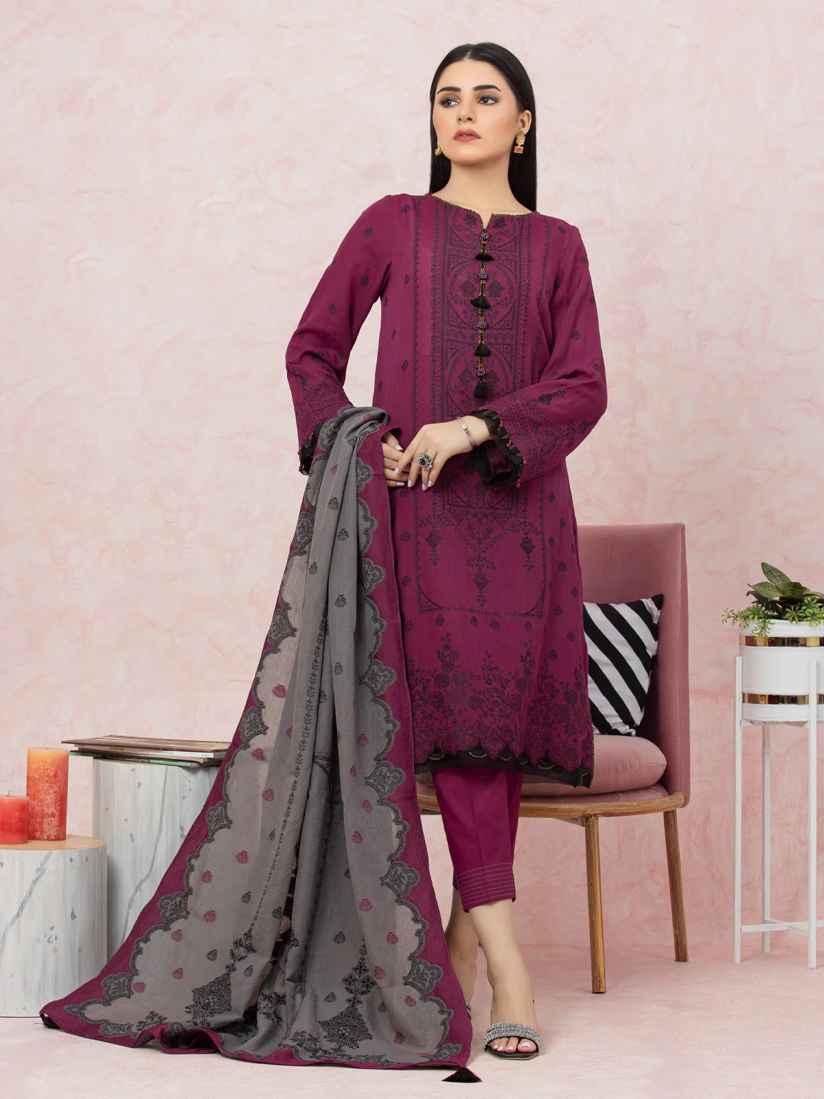 EDENROBE-26620-3P Unstitched Dark Magenta Embroidered Jacquard 3 Piece