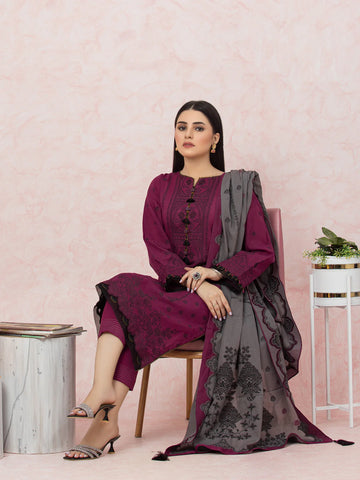 EDENROBE-26620-3P Unstitched Dark Magenta Embroidered Jacquard 3 Piece
