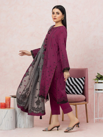 EDENROBE-26620-3P Unstitched Dark Magenta Embroidered Jacquard 3 Piece