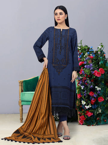 EDENROBE-26623-Unstitched Navy Jacquard 3 Piece