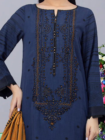 EDENROBE-26623-Unstitched Navy Jacquard 3 Piece