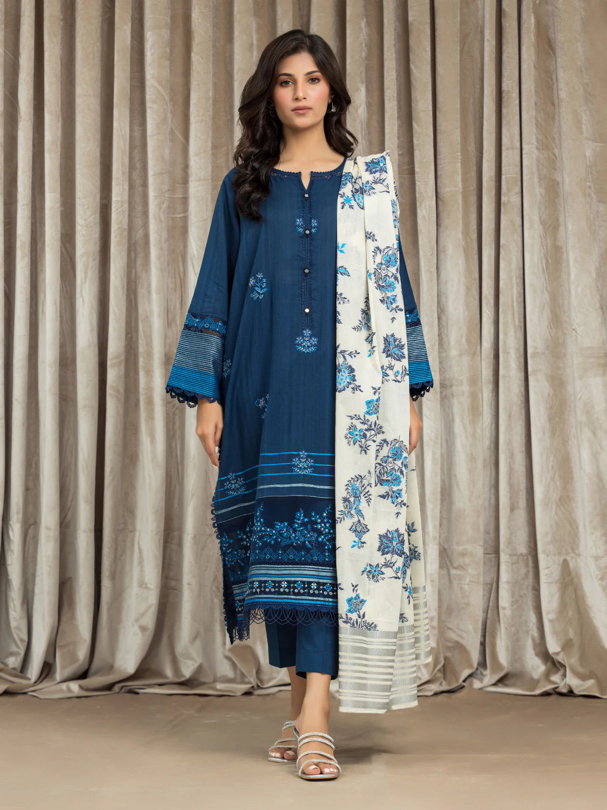EDENROBE-26624-Unstitched Navy Blue Jacquard 3 Piece