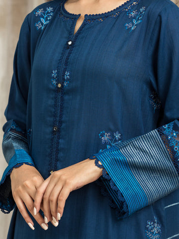 EDENROBE-26624-Unstitched Navy Blue Jacquard 3 Piece