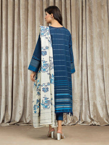 EDENROBE-26624-Unstitched Navy Blue Jacquard 3 Piece
