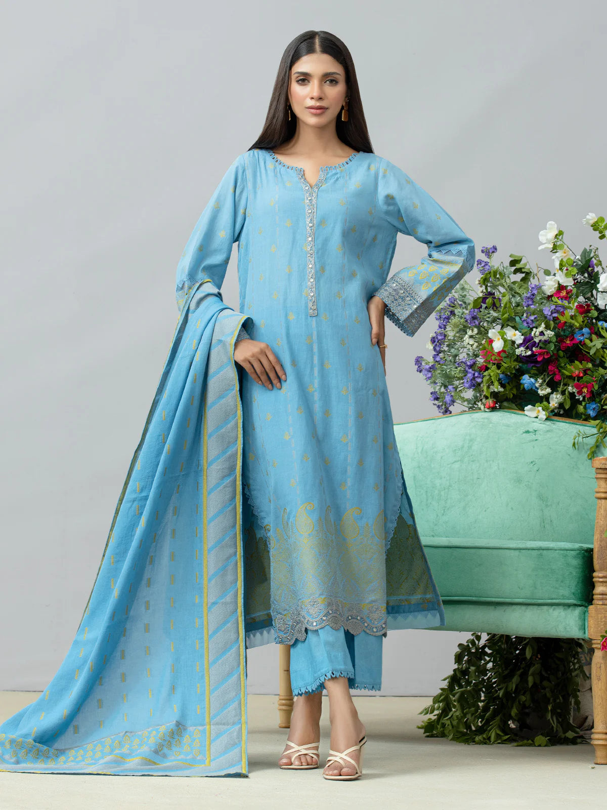 EDENROBE-26731-3P Unstitched Sky Blue Embroidered Jacquard 3 Piece