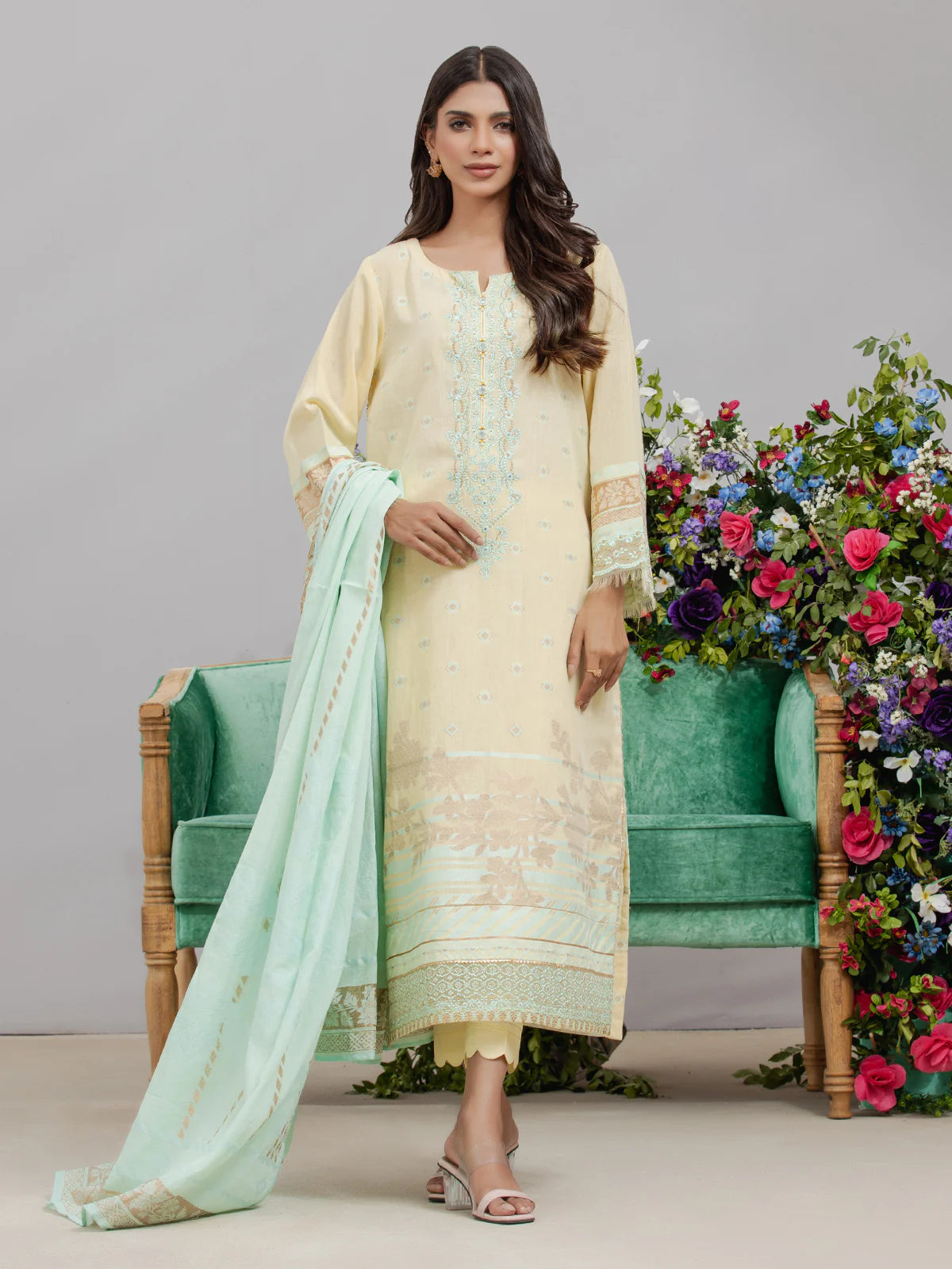 EDENROBE-26732-Unstitched Light Yellow Embroidered Jacquard 3 Piece