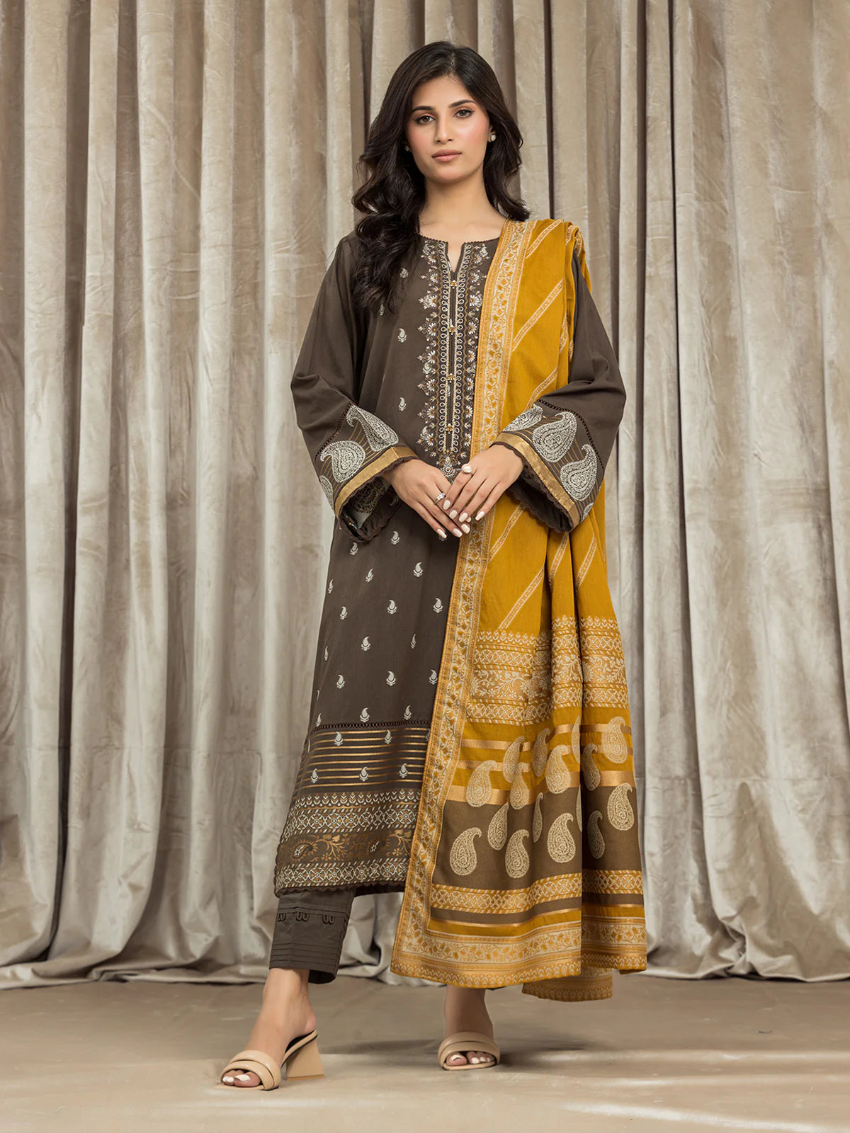 EDENROBE-26733-Unstitched Dark Olive Embroidered Jacquard 3 Piece
