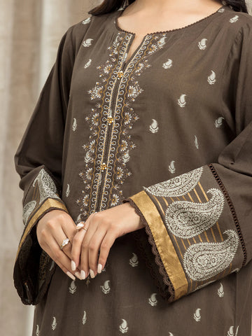 EDENROBE-26733-Unstitched Dark Olive Embroidered Jacquard 3 Piece