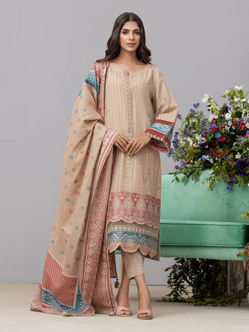 EDENROBE-26734-Unstitched Dark Beige Embroidered Jacquard 3 Piece