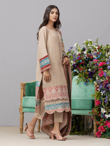 EDENROBE-26734-Unstitched Dark Beige Embroidered Jacquard 3 Piece