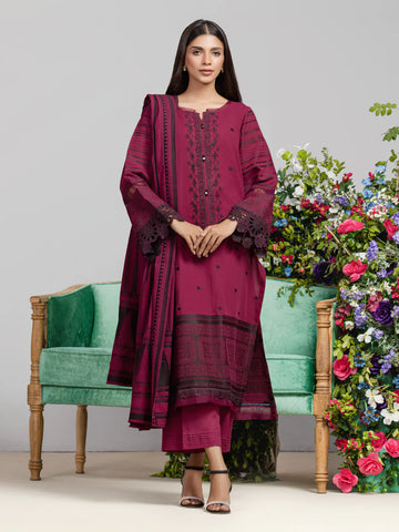 EDENROBE-26751-Unstitched Dark Magenta Embroidered Jacquard 3 Piece