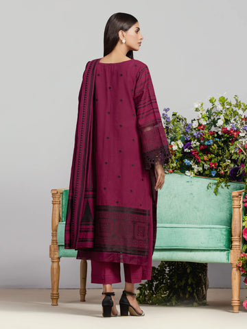EDENROBE-26751-Unstitched Dark Magenta Embroidered Jacquard 3 Piece