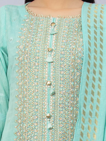 EDENROBE-26757-Unstitched Sea Green Jacquard 3 Piece