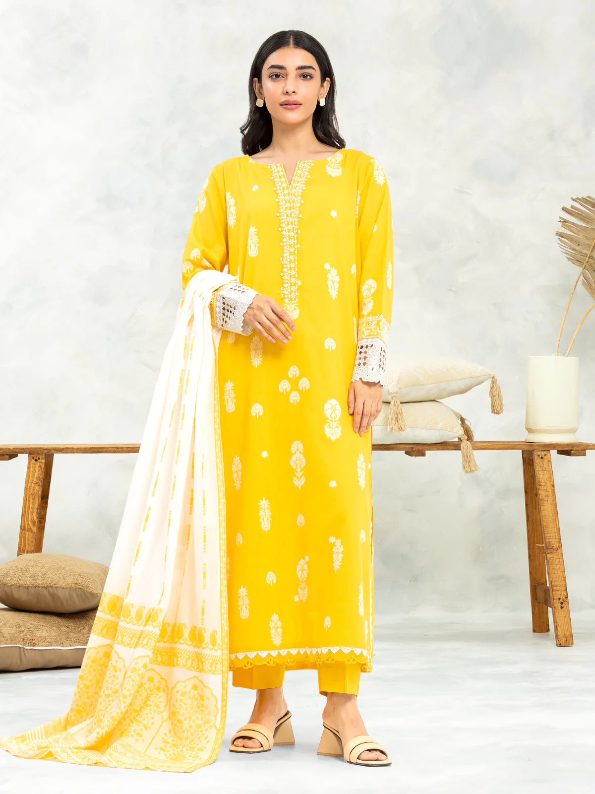 EDENROBE-30050-3P Unstitched Dark Yellow Embroidered Jacquard 3 Piece