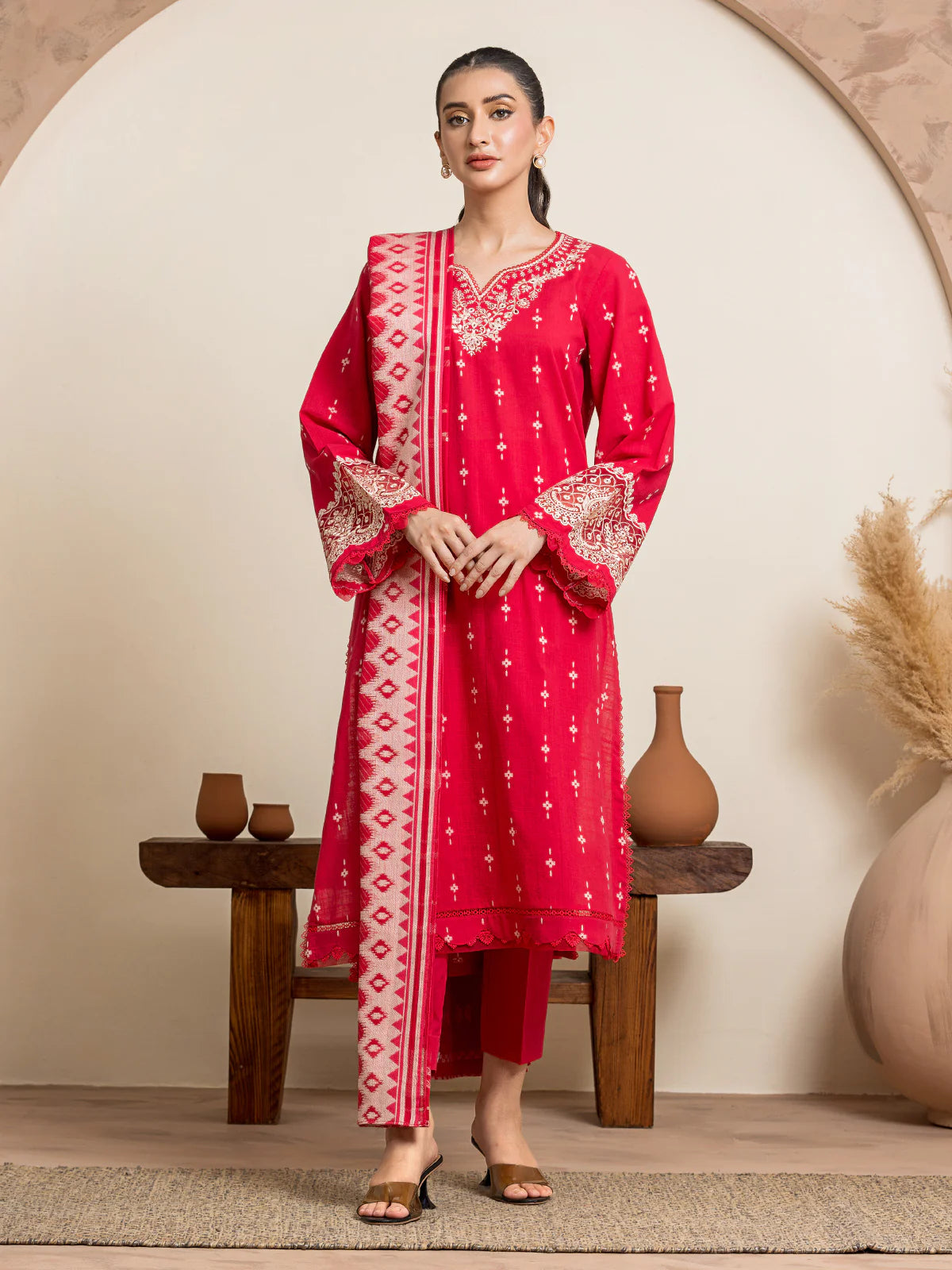 EDENROBE-Unstitched Deep Pink Embroidered Jacquard 3 Piece - EWU24V3-30052-3P