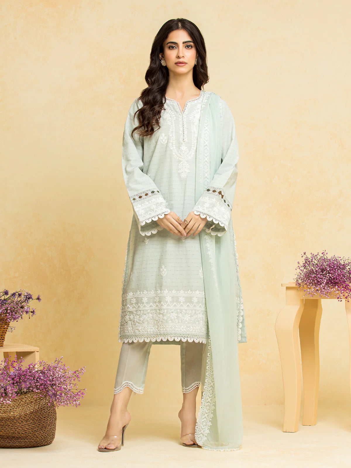 EDENROBE-28776-3P Unstitched Mist Green Embroidered Dobby 3 Piece