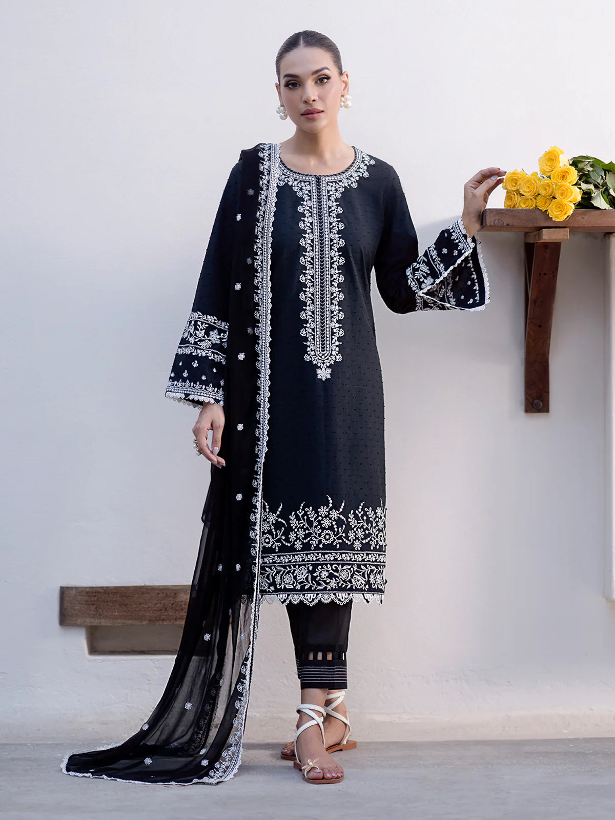 EDENROBE-EWU24V7-28778-3P Unstitched Black Embroidered Dobby 3 Piece
