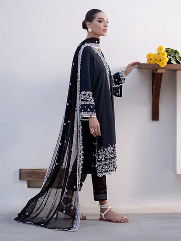 EDENROBE-EWU24V7-28778-3P Unstitched Black Embroidered Dobby 3 Piece