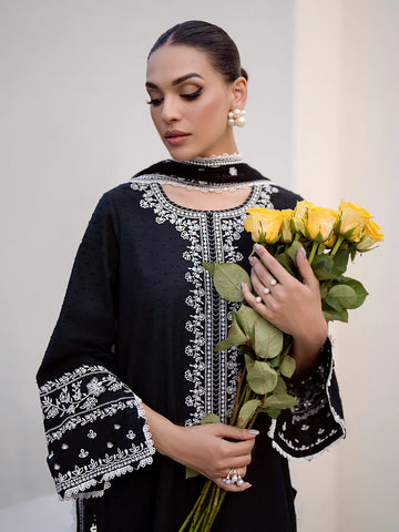 EDENROBE-EWU24V7-28778-3P Unstitched Black Embroidered Dobby 3 Piece