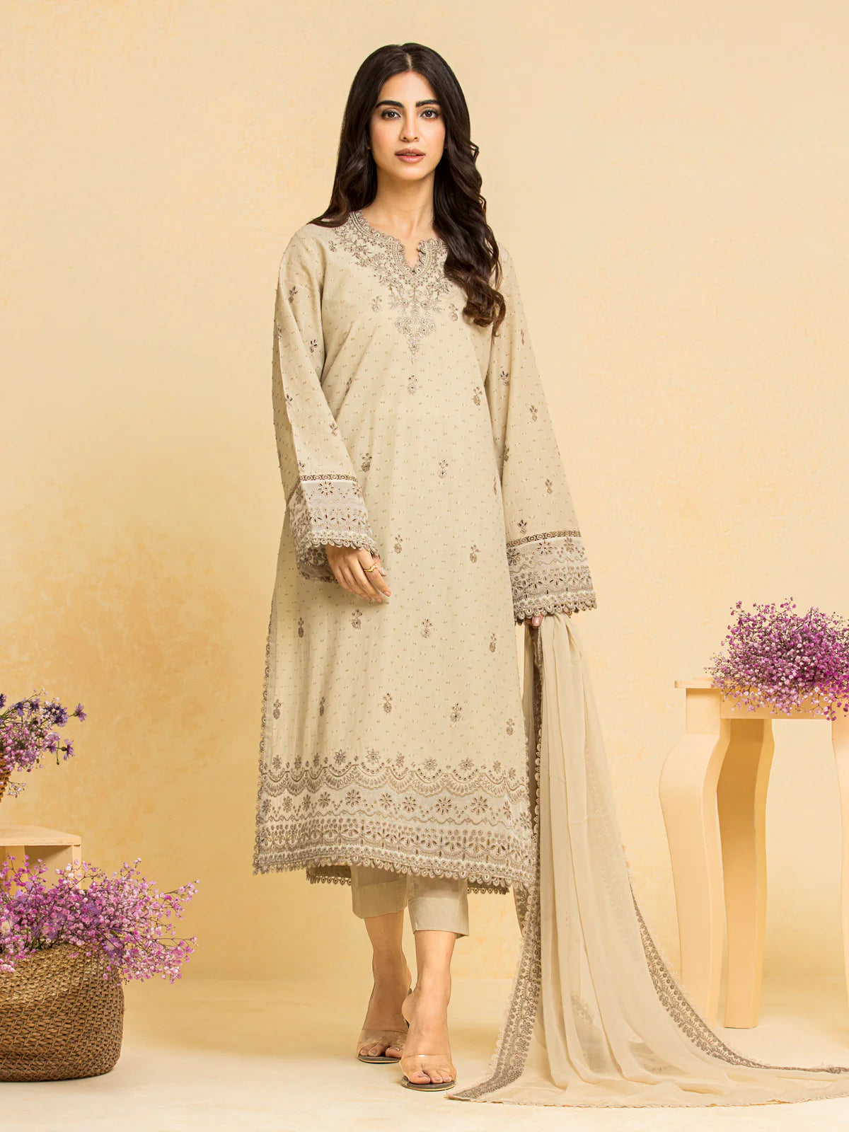 EDENROBE-28779-Unstitched Beige Embroidered Dobby 3 Piece