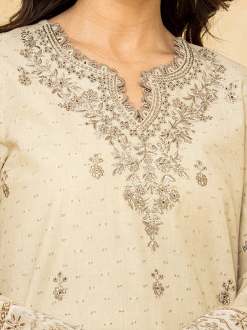 EDENROBE-28779-Unstitched Beige Embroidered Dobby 3 Piece