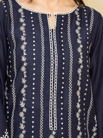 EDENROBE-28780-3P Unstitched Navy Blue Embroidered Dobby 3 Piece
